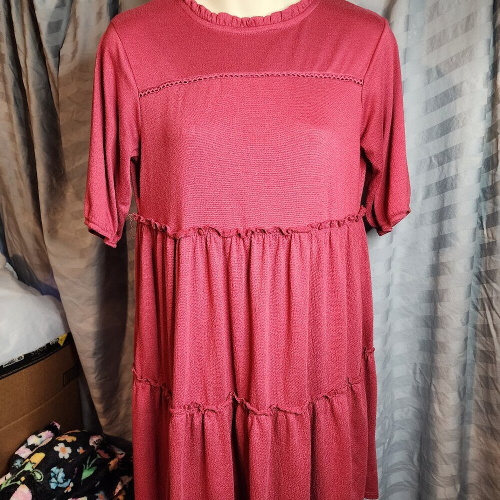 Knox Rose Tiered Dress Ruffle Crinkle Short Sleeve Knee Length Womens XS